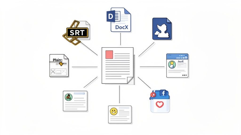 Central document processing data from diverse sources: SRT, DocX, plain text, and social media platforms.