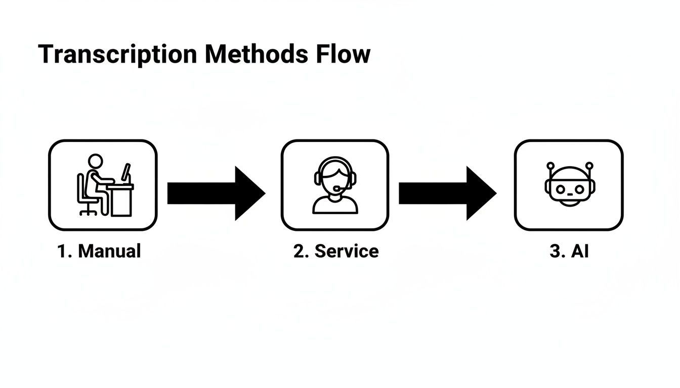 Workflow illustrating three transcription methods: manual, service, and AI, with corresponding icons.