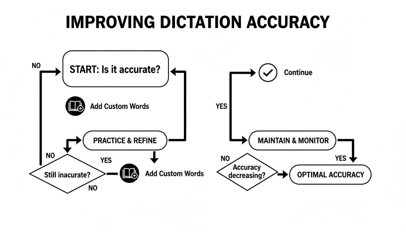 Diagramme de flux illustrant le processus d'amélioration de la précision de la dictée par la pratique, les mots personnalisés et la surveillance continue.