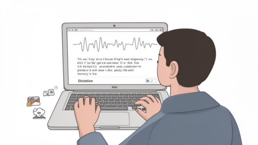 Une personne tapant sur un ordinateur portable Mac, utilisant un logiciel de dictée avec une forme d'onde.