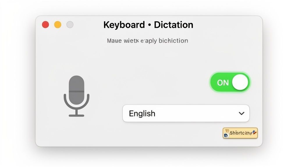 Une fenêtre de réglages macOS intitulée 'Clavier • Dictée' avec une icône de microphone, un bouton bascule 'ACTIVÉ' et 'Français' sélectionné dans un menu déroulant.