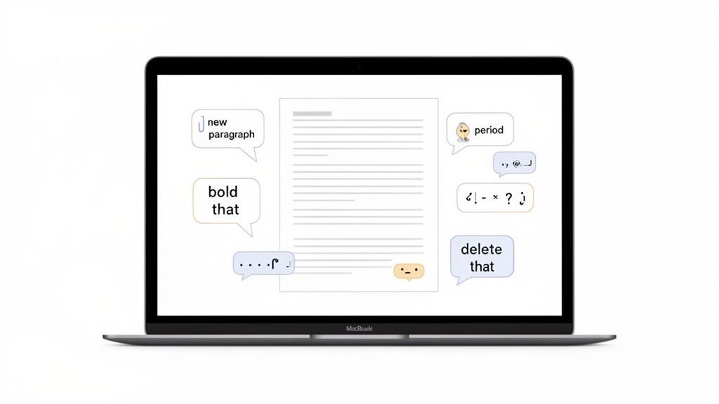 Un MacBook affiche un document avec des bulles de dialogue illustrant des commandes de dictée vocale comme "nouveau paragraphe" et "gras ça".