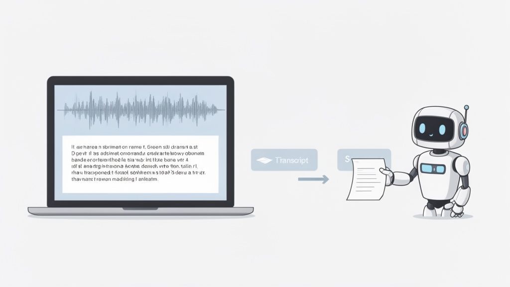 Una computadora portátil muestra una forma de onda de audio y una transcripción, lo que lleva a un robot a crear un documento de resumen.