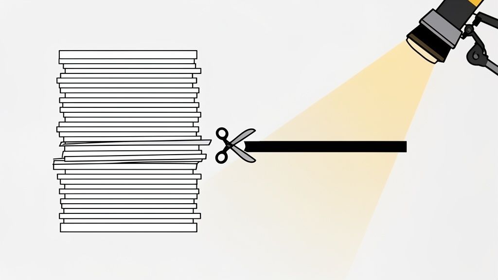 Una ilustración que muestra una pila de papeles, unas tijeras cortando una línea negra y un foco resaltando el corte.