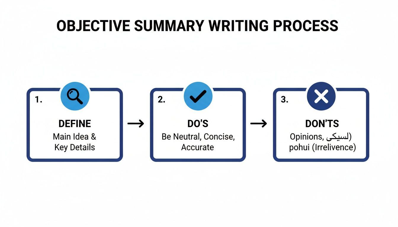Un diagrama de flujo de tres pasos que describe el proceso de escritura de resúmenes objetivos, con lo que se debe y no se debe hacer.