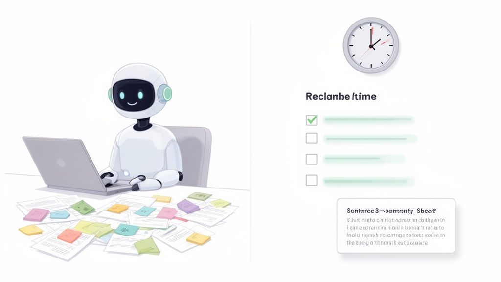 Illustration showing an AI bot helping people in a meeting with icons for transcription and summaries.