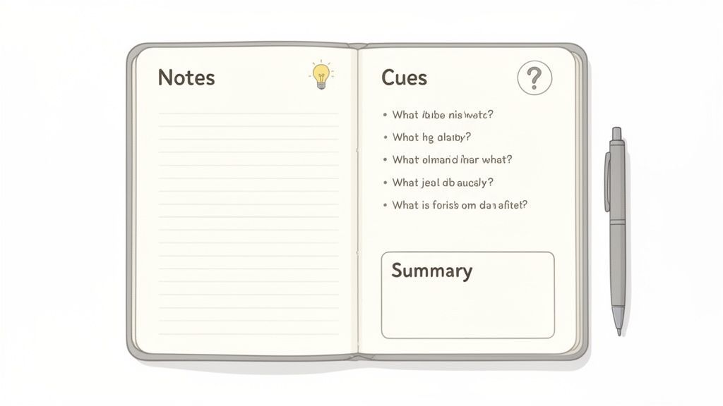 Un carnet ouvert affichant une mise en page de prise de notes Cornell avec les sections 'Notes', 'Indices' et 'Résumé', accompagné d'un stylo.