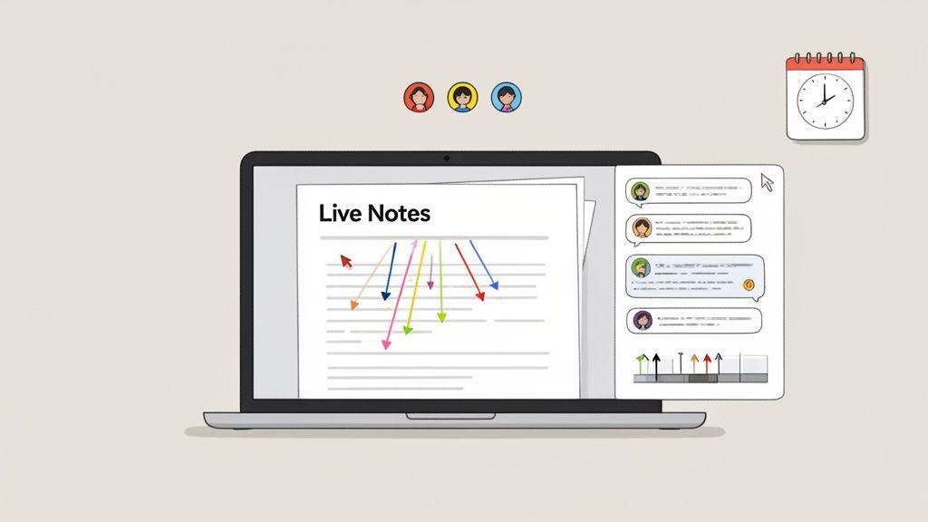Un ordinateur portable affiche 'Notes en direct' avec des annotations colorées et un chat latéral, indiquant une collaboration en temps réel.