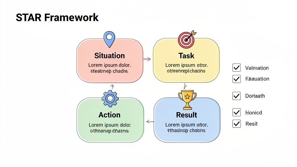 Un diagramme visuel illustrant le cadre STAR avec les étapes Situation, Tâche, Action et Résultat.