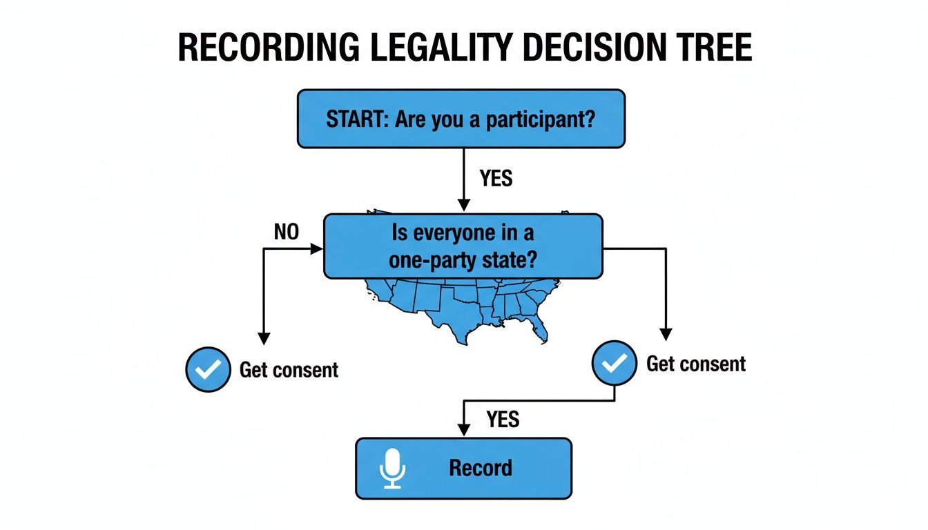 Decision tree flowchart illustrating when it is legal to record a conversation, based on participation and state laws.