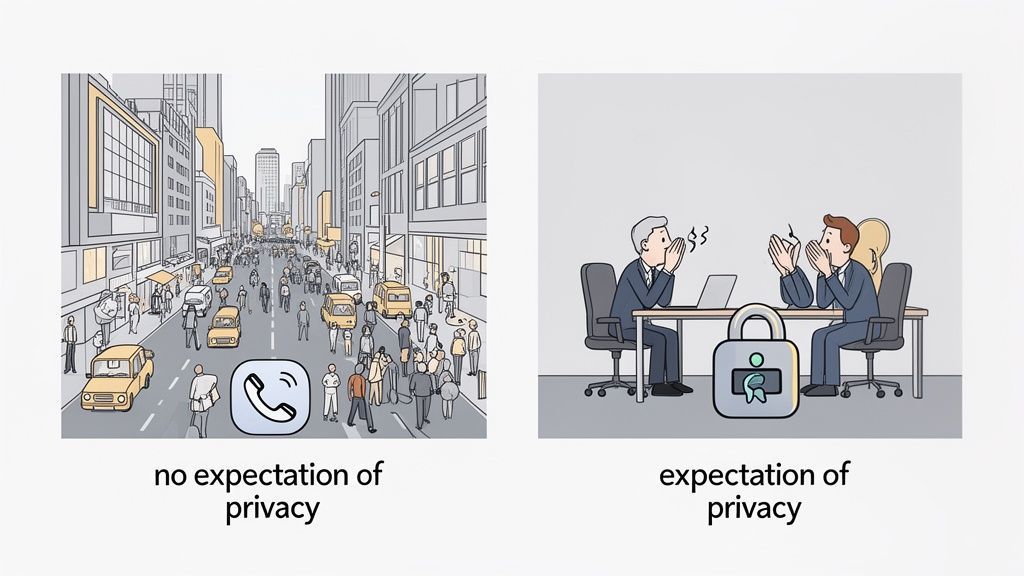 Illustration contrasting a busy public street with a phone icon and a private office meeting with a lock icon.