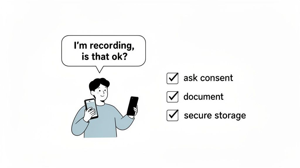 A person holding phones asks for consent to record, next to a checklist: ask consent, document, secure storage.