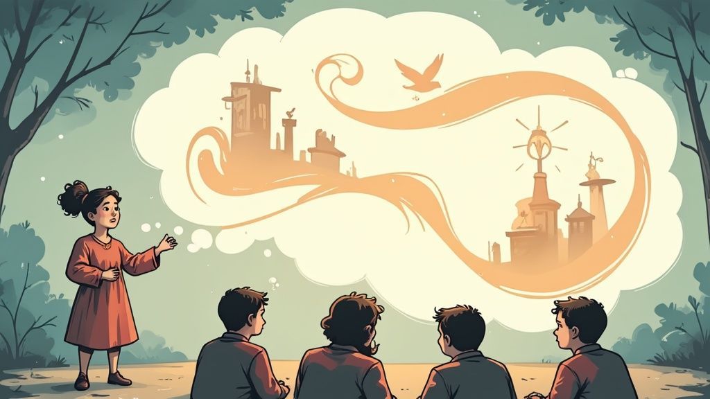 Una ragazza parla a quattro ragazzi seduti, una grande nuvoletta illustra una scena di città onirica.