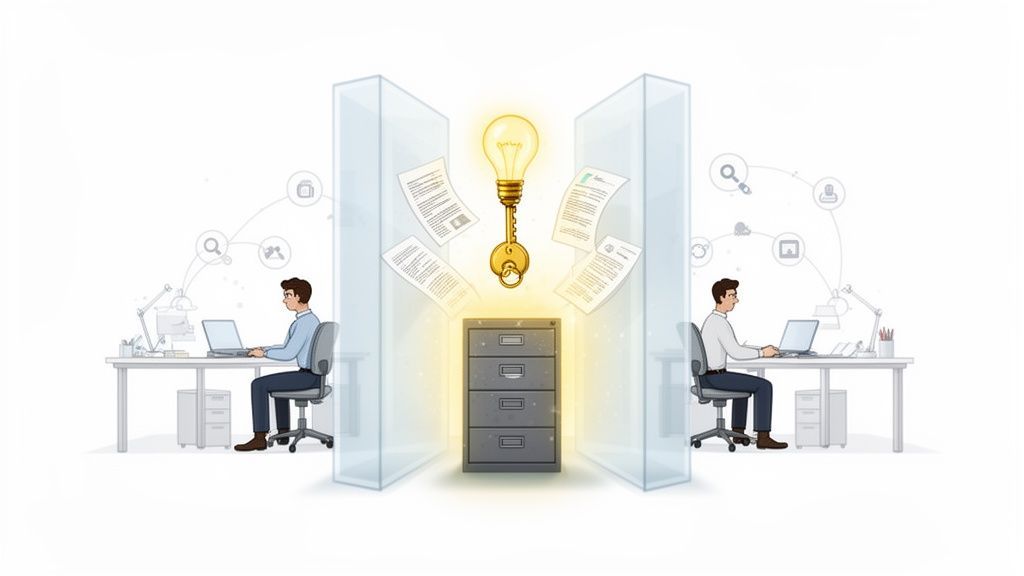 Two people work on laptops, connected to a central glowing filing cabinet with floating ideas and documents.