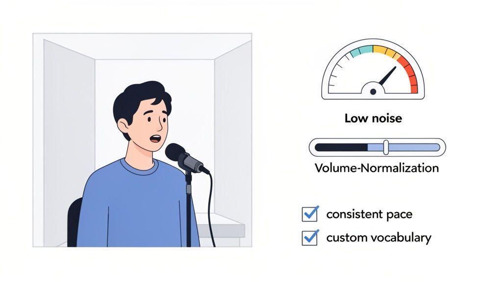 Illustration of a man speaking into a microphone in a sound booth, with indicators for low noise, volume normalization, consistent pace, and custom vocabulary.