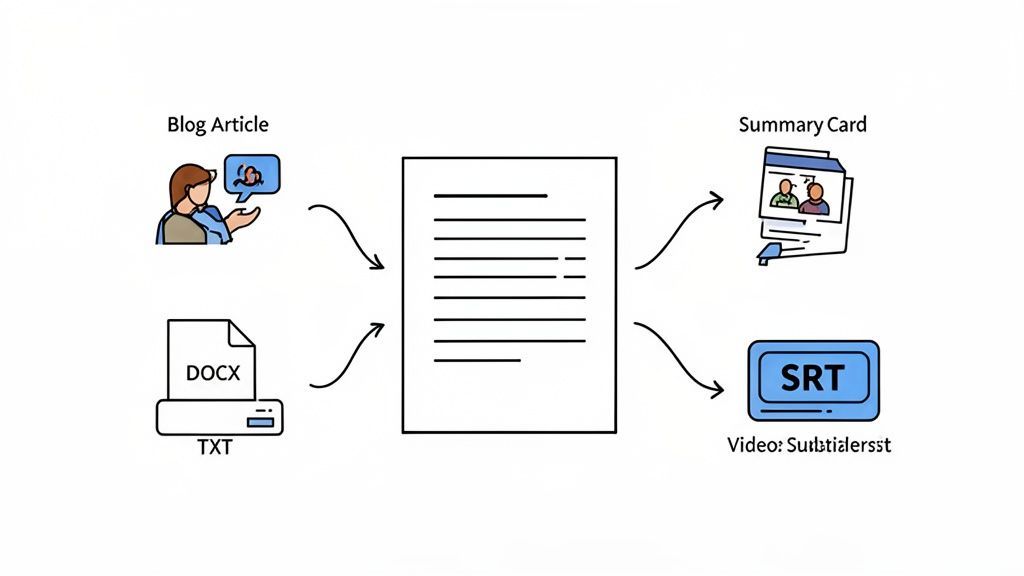 Diagram showing text content converted from blog articles and documents into summary cards and video subtitles.