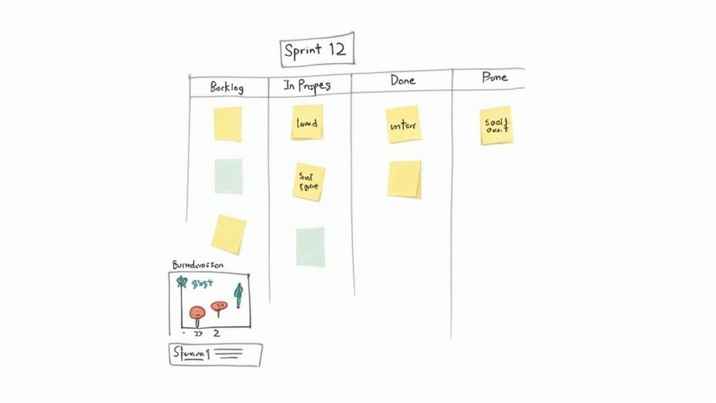 A hand-drawn whiteboard displaying a 'Sprint 12' Kanban board with sticky notes in different columns.