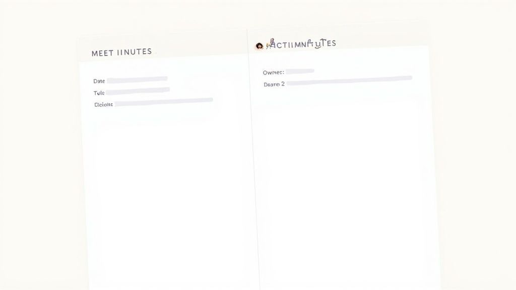 A document displaying two sections: 'MEETING MINUTES' with date/title fields and 'ACTION MINUTES' with owner details.
