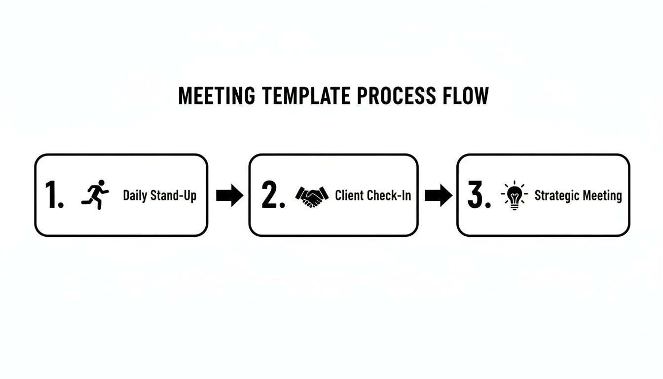 Un diagramme de flux de processus de modèle de réunion décrivant trois étapes : Point quotidien, Point client et Réunion stratégique.