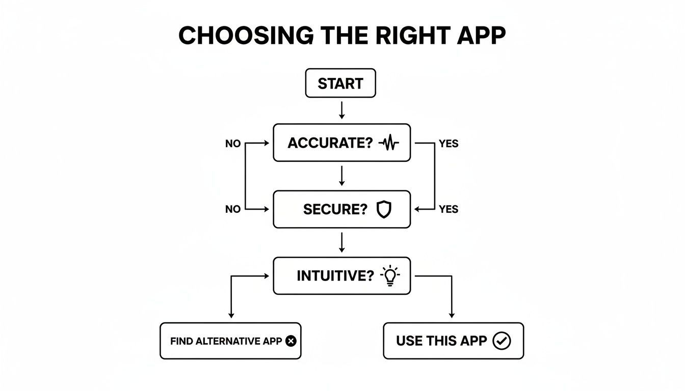 A flowchart detailing the decision-making process for choosing the right app, evaluating accuracy, security, and intuitiveness.