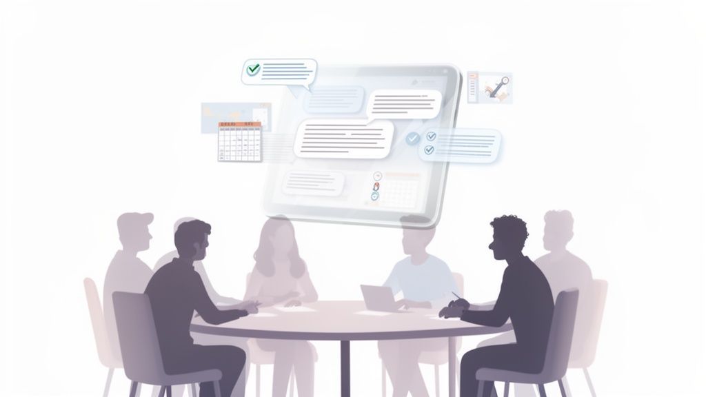 A group of people having a meeting augmented by digital screens showing chat and calendars.