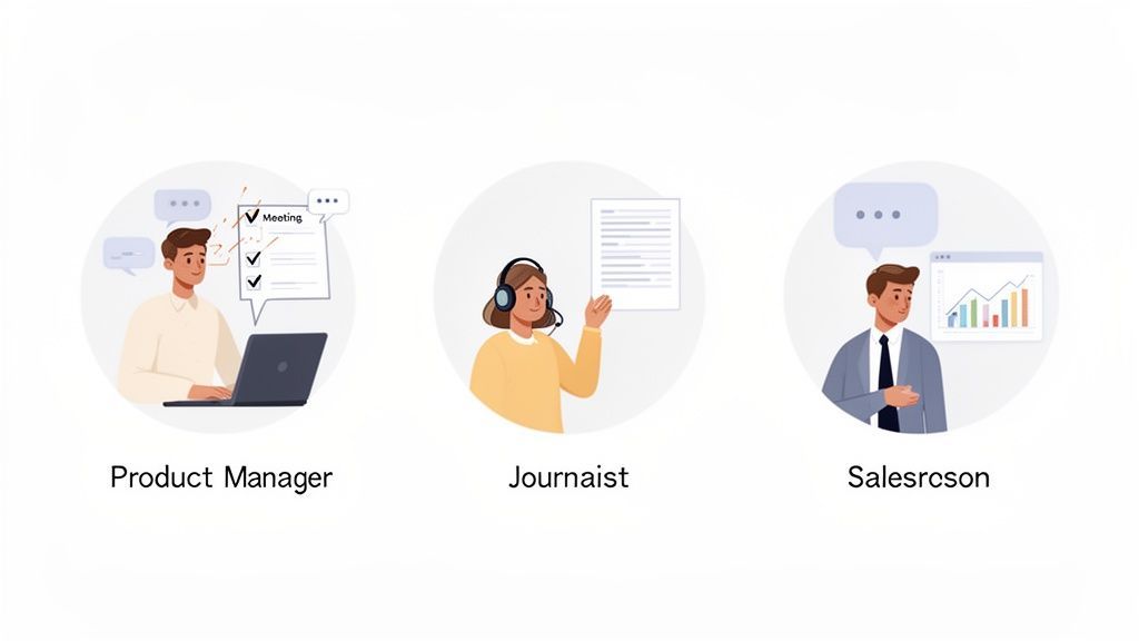 Cartoon illustrations of a product manager, journalist, and salesperson at work, showing different professional roles.