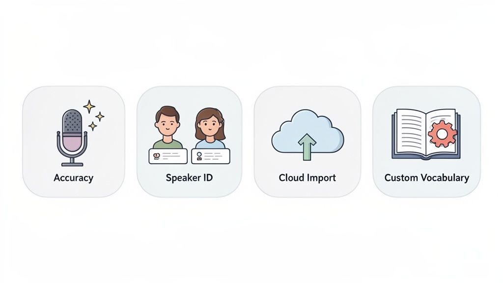 Illustrative icons representing advanced meeting transcription features: accuracy, speaker ID, cloud import, custom vocabulary.