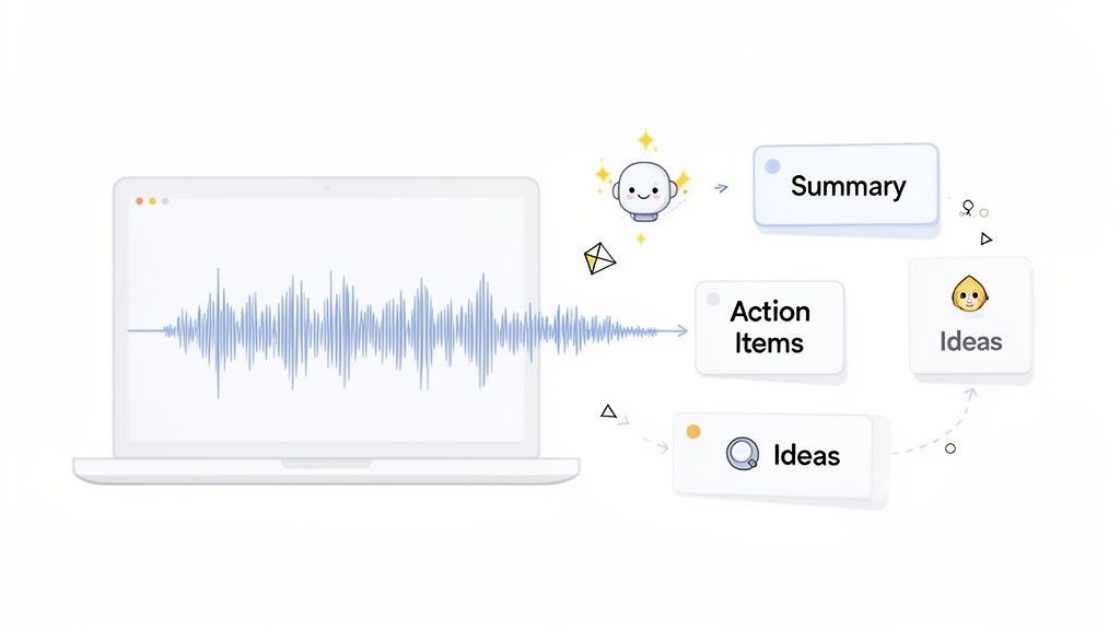 A laptop screen shows an audio waveform processed by AI into meeting summaries, action items, and ideas.