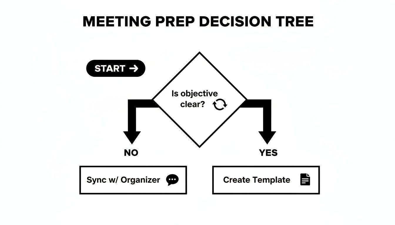 A meeting prep decision tree flowchart: Start > Is objective clear? > No: Sync w/ Organizer; Yes: Create Template.