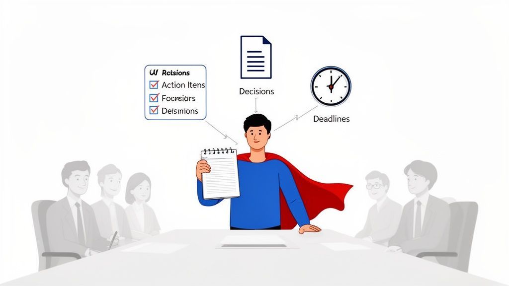 Cartoon superhero managing action items, decisions, and deadlines during a business meeting.