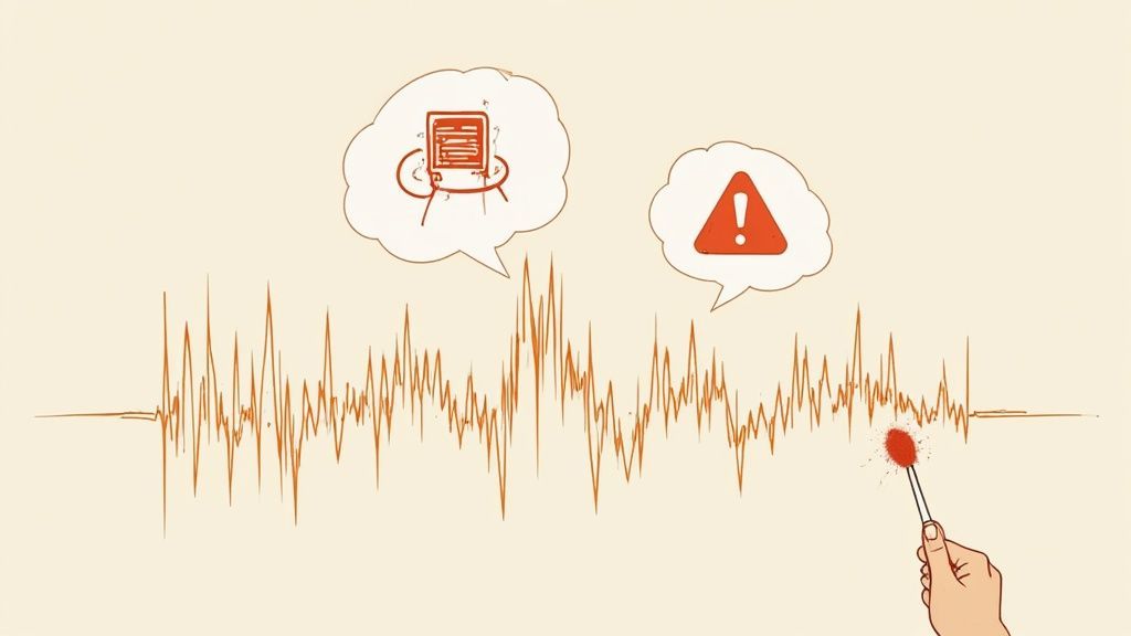 An illustration of a fluctuating sound wave, a computer, a warning sign, and a hand interacting with it.