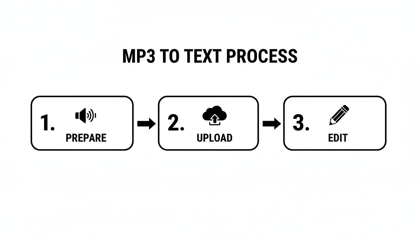 A three-step diagram illustrates the MP3 to text transcription process: prepare, upload, and edit.