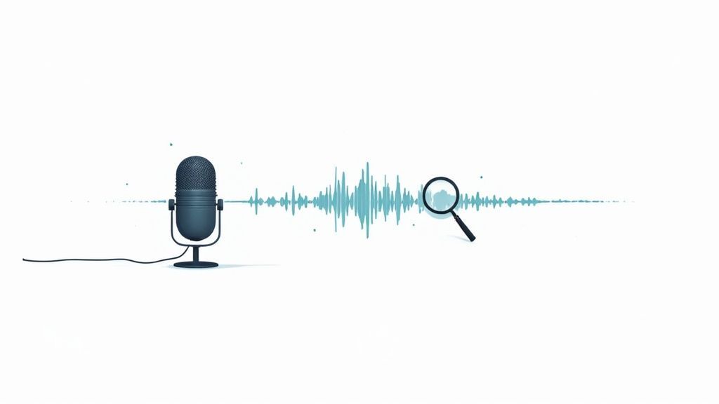 A microphone, sound wave, and magnifying glass illustrate audio transcription and voice search.