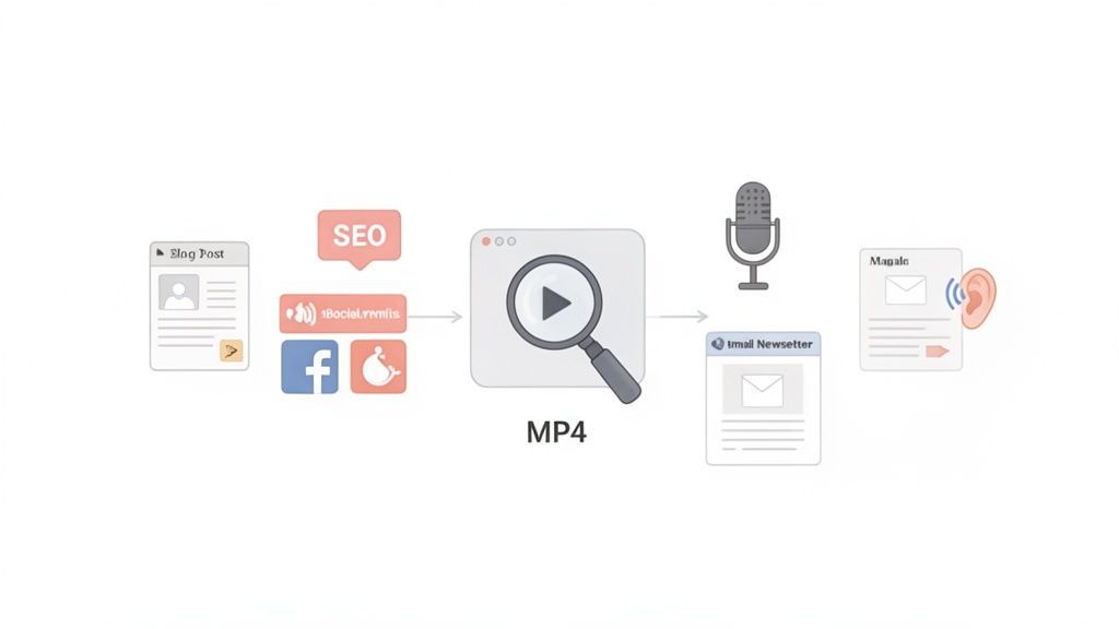 Workflow showing blog posts and social media converting into an MP4 video, then distributed as audio and email newsletters.