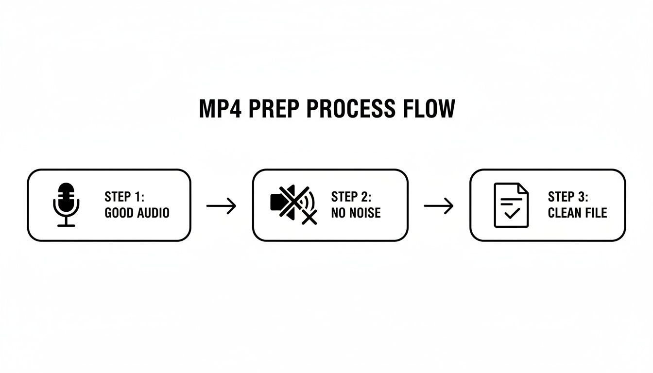 A simple process flow diagram illustrating three steps for MP4 preparation: good audio, no noise, clean file.