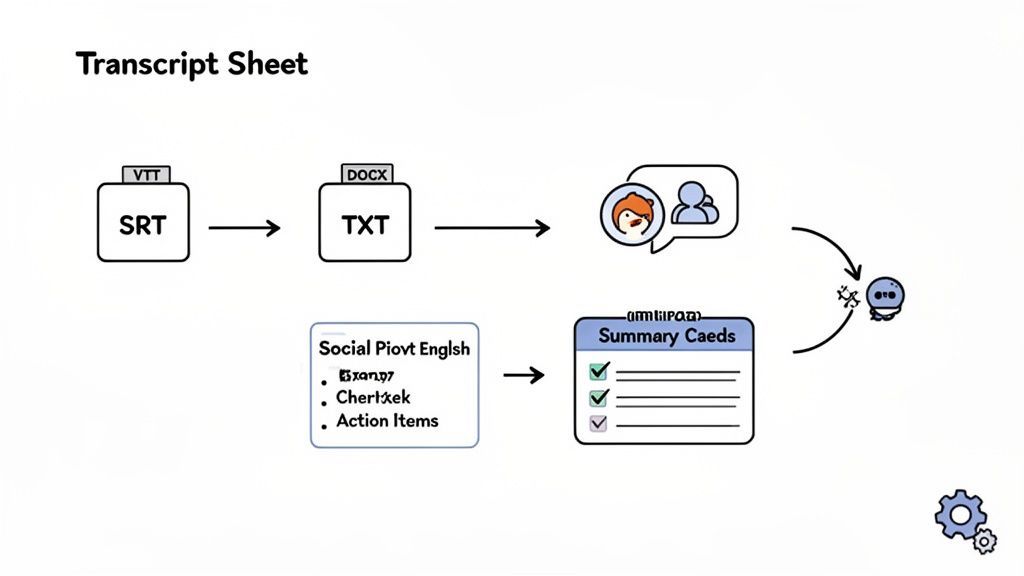 Workflow showing transcript conversion from SRT to TXT, then analysis into social points and summary cards.
