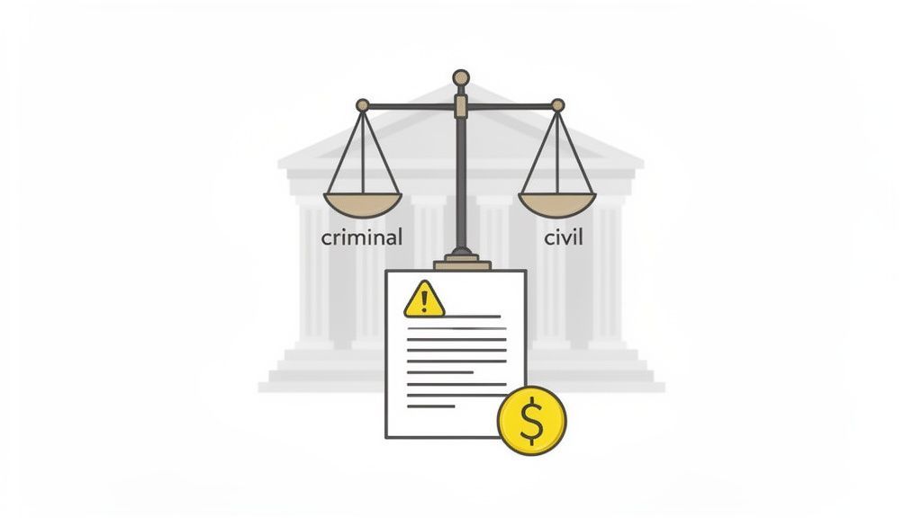 Eine Justitia-Waage, die 'strafrechtliche' und 'zivilrechtliche' Fälle ausbalanciert, mit einem Rechtsdokument und einer Münze.