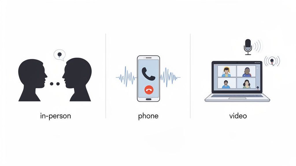 Drei Tafeln, die verschiedene Kommunikationsmethoden veranschaulichen: persönlich, Telefonanruf und Videokonferenz.