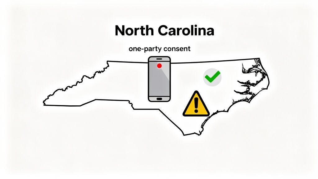 Karte von North Carolina, die das Ein-Parteien-Einverständnis-Aufnahmegesetz mit Telefon, Häkchen und Warnung veranschaulicht.