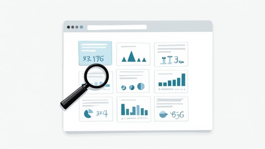 A magnifying glass examining various data visualizations and charts within a browser window, symbolizing data analysis.