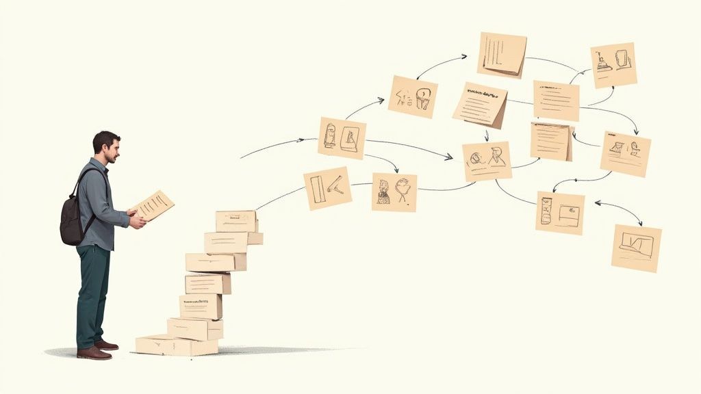 A man stands by a stack of boxes leading to a visual flowchart of ideas on sticky notes.