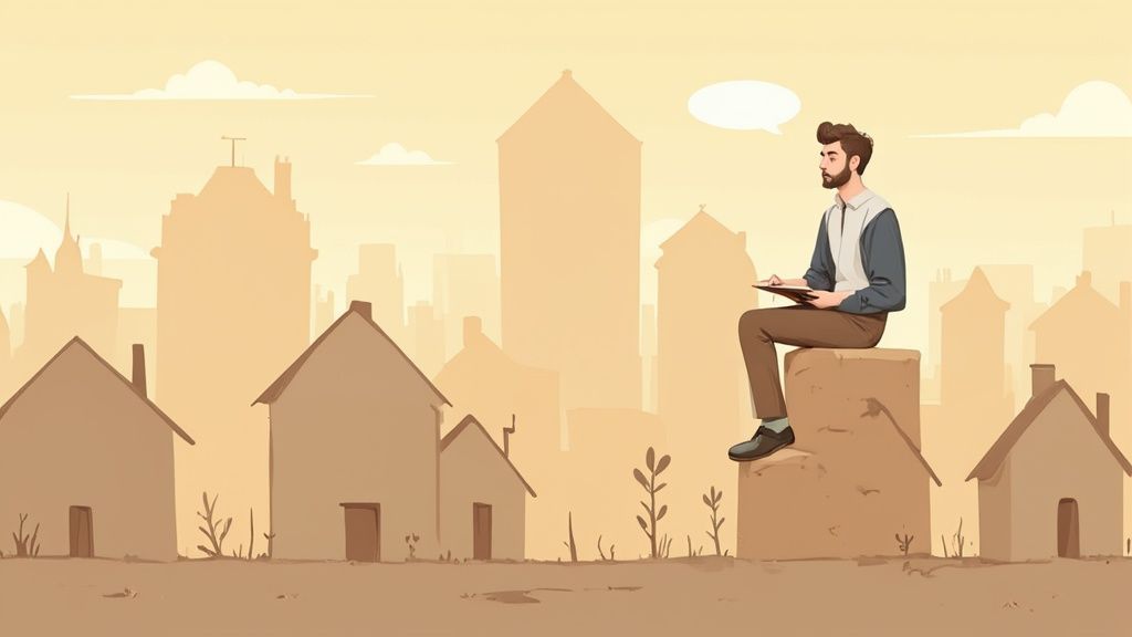 A man sits on a block, observing a stylized urban landscape with houses and tall buildings.