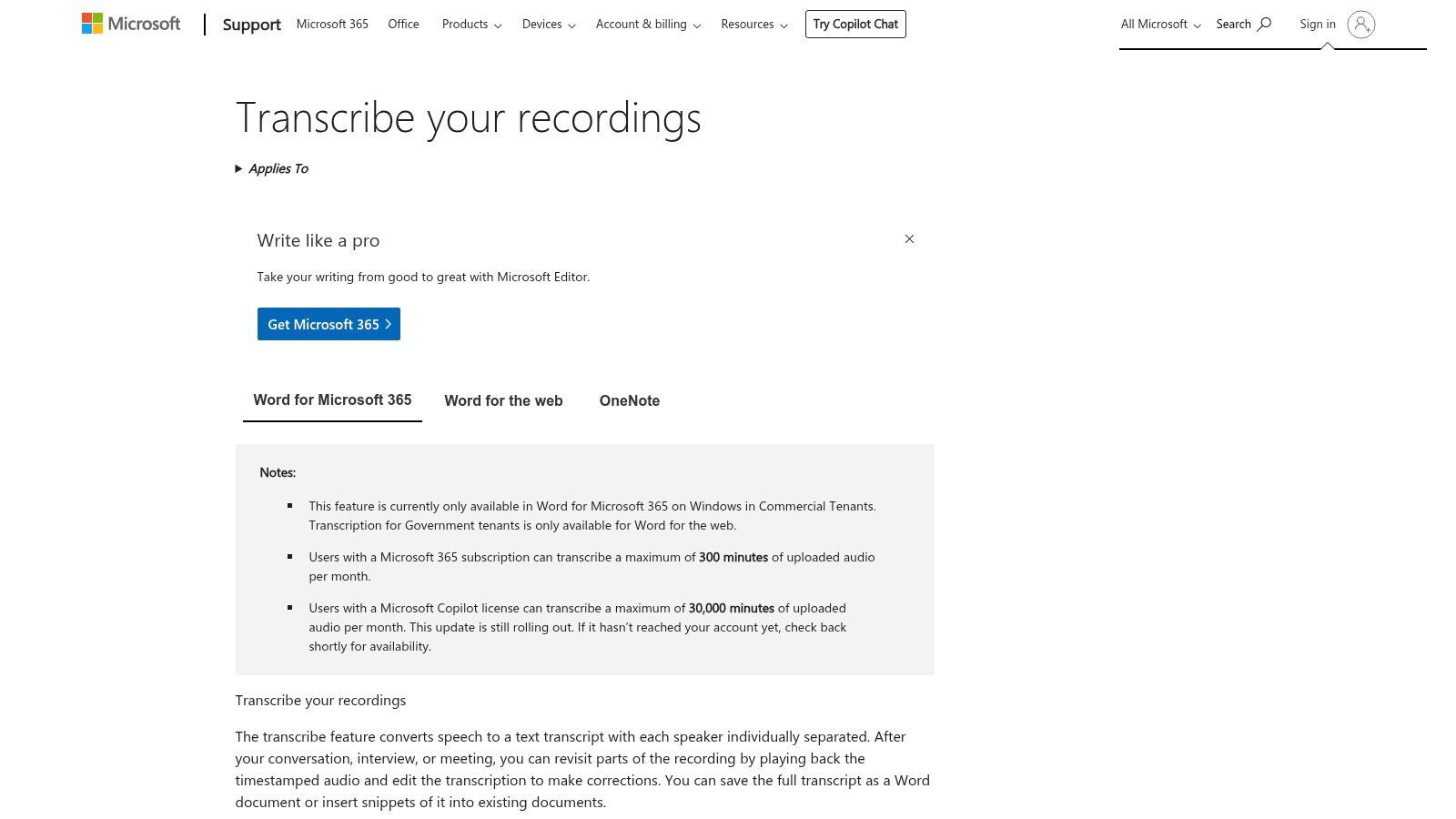 Microsoft 365 — Transcribe in Word for the web