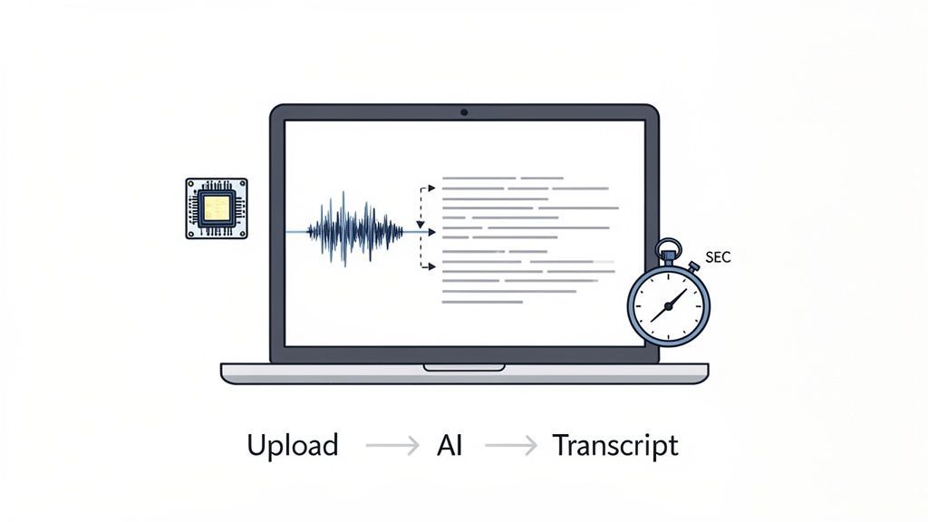 Um laptop com IA converte uma onda sonora de áudio em uma transcrição de texto rapidamente, visualizada com um cronômetro.