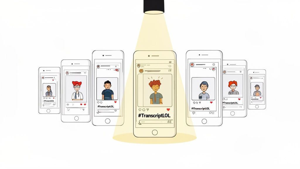 Um holofote ilumina um smartphone central mostrando uma postagem de mídia social com um avatar de desenho animado e '#TranscriptLOL', cercado por outros telefones.