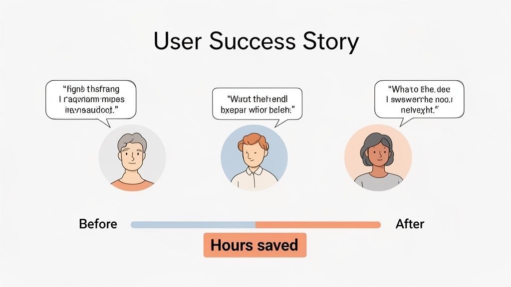Uma 'História de Sucesso do Usuário' com três avatares de usuário, mostrando 'Horas Salvas' em uma escala de 'Antes' e 'Depois'.