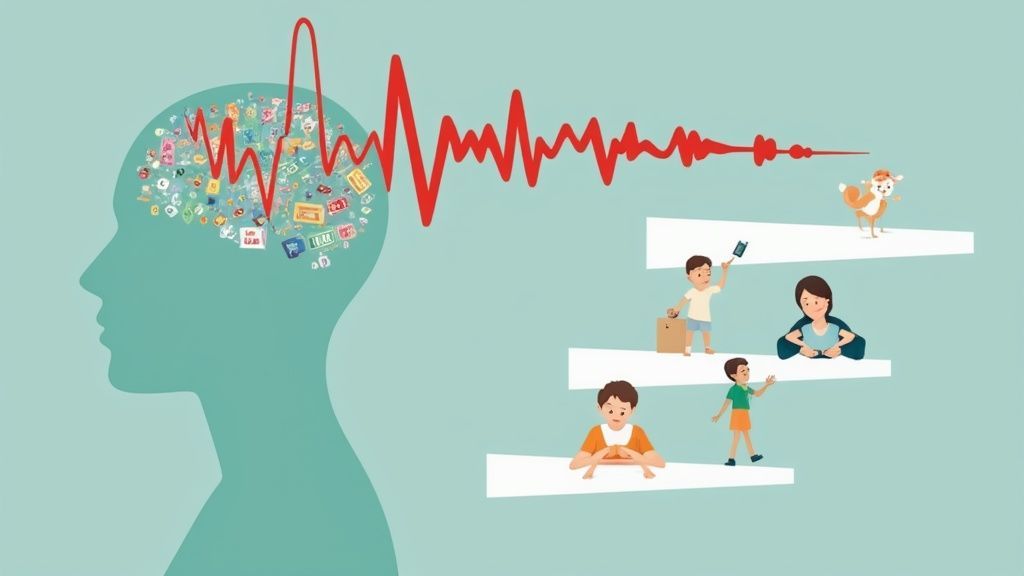 Illustration of a human brain with icons, a red sound wave, and people engaged in various activities.