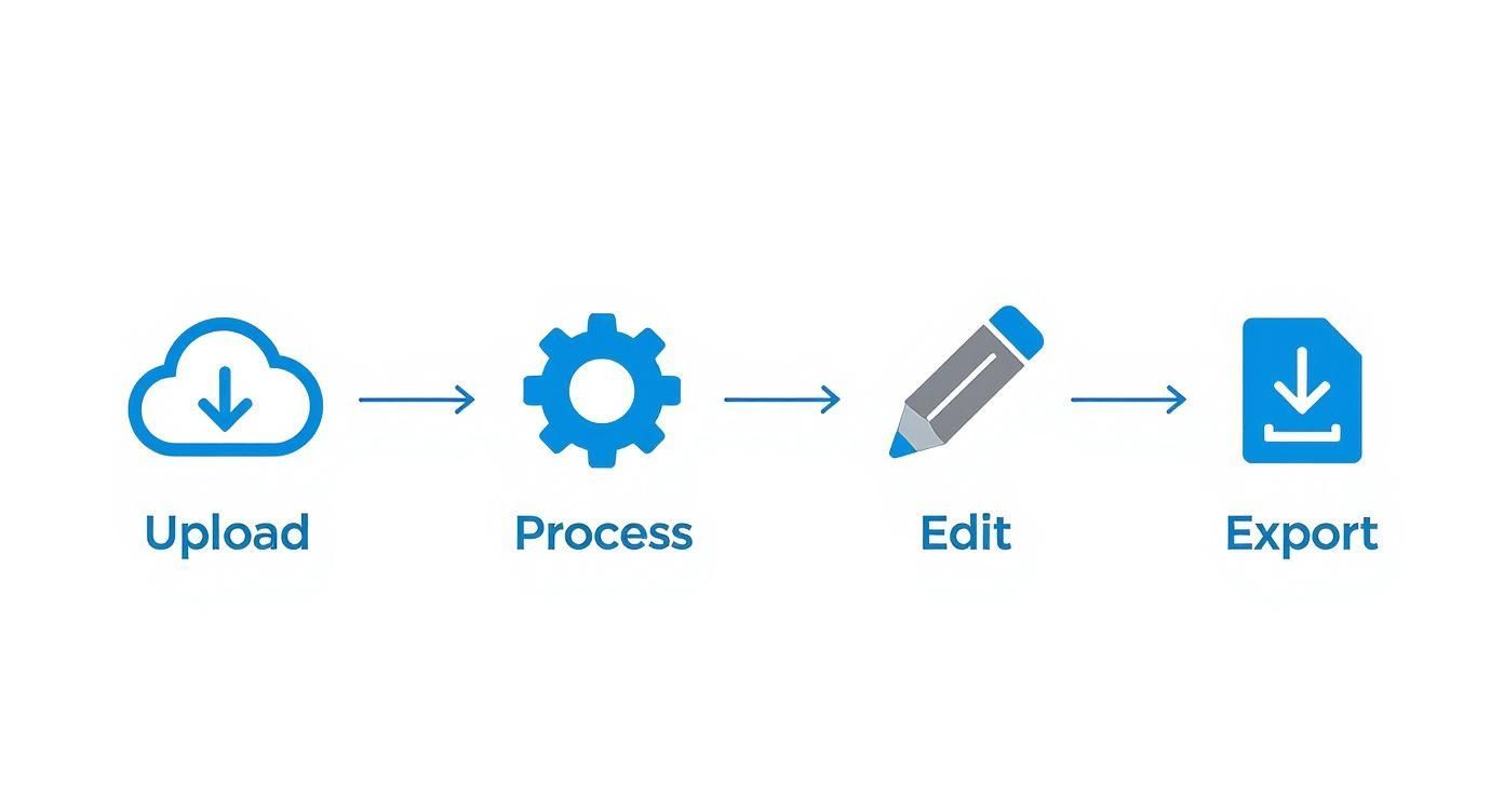 A blue icon flowchart showing a four-step process: Upload, Process, Edit, and Export.