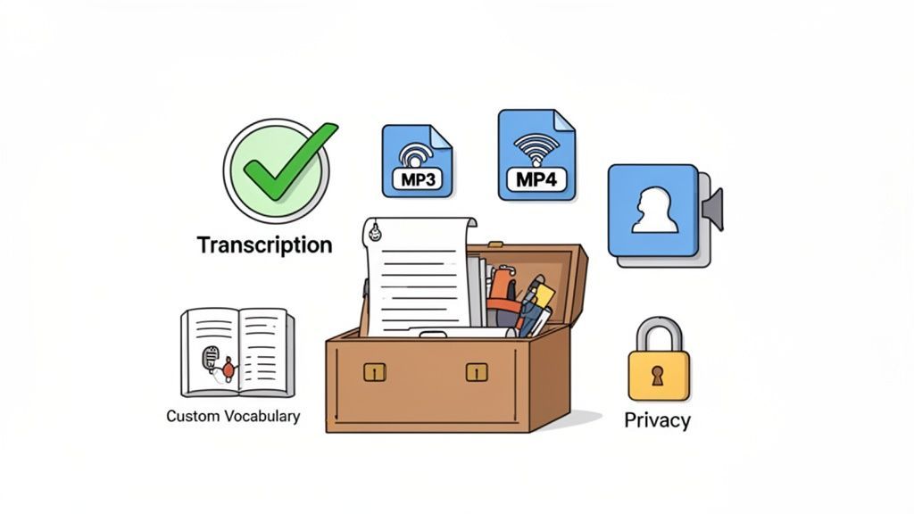 Icons for speech-to-text software features: transcription, MP3/MP4, video, custom vocabulary, and privacy.
