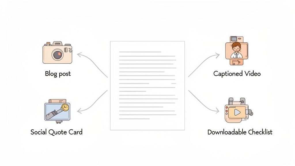 Una ilustración que muestra un documento central transformado en una publicación de blog, una tarjeta social, un video subtitulado y una lista de verificación descargable.